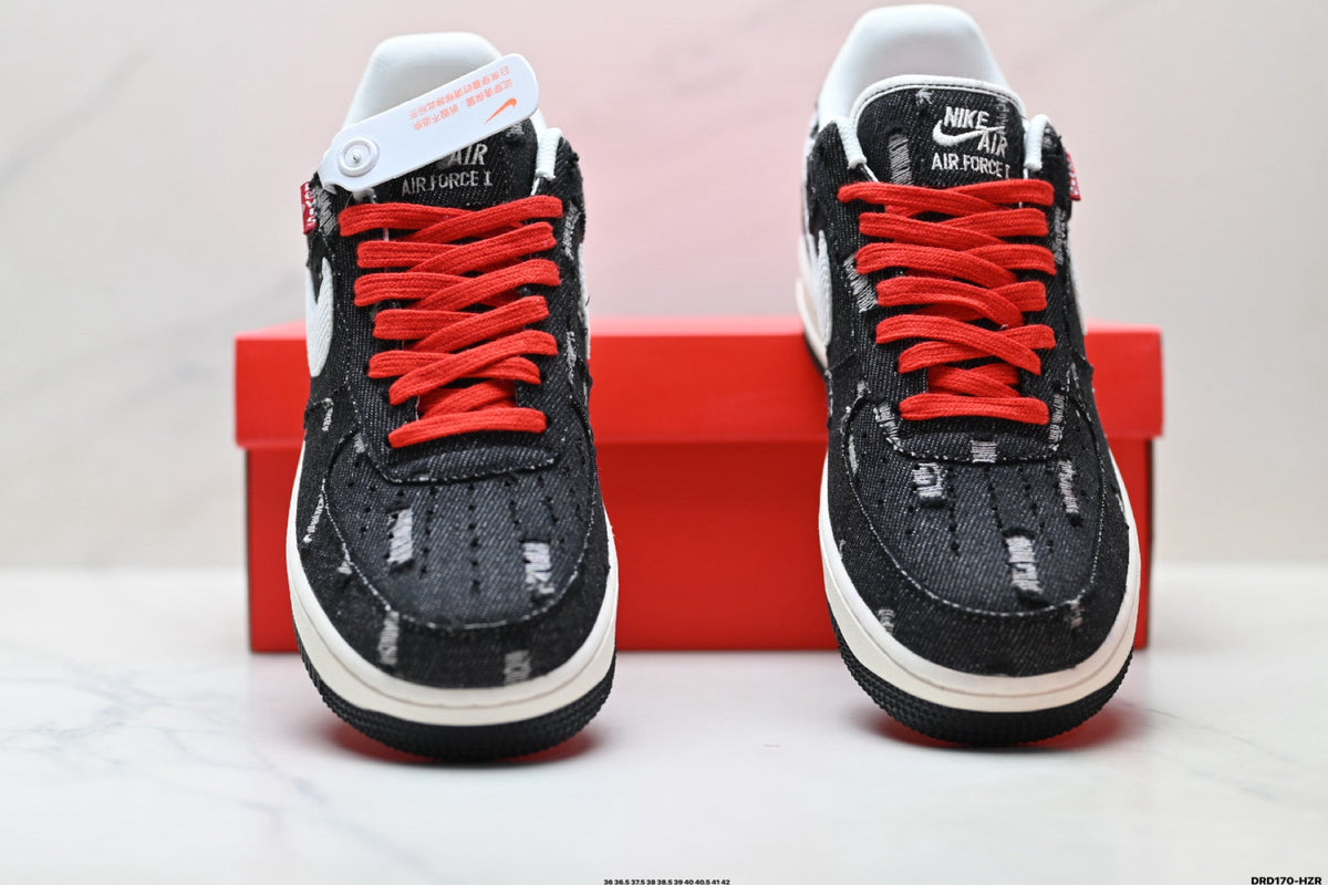 Nike Air Force 1 Low Black White Red Lace Unisex Sneakers Style 03