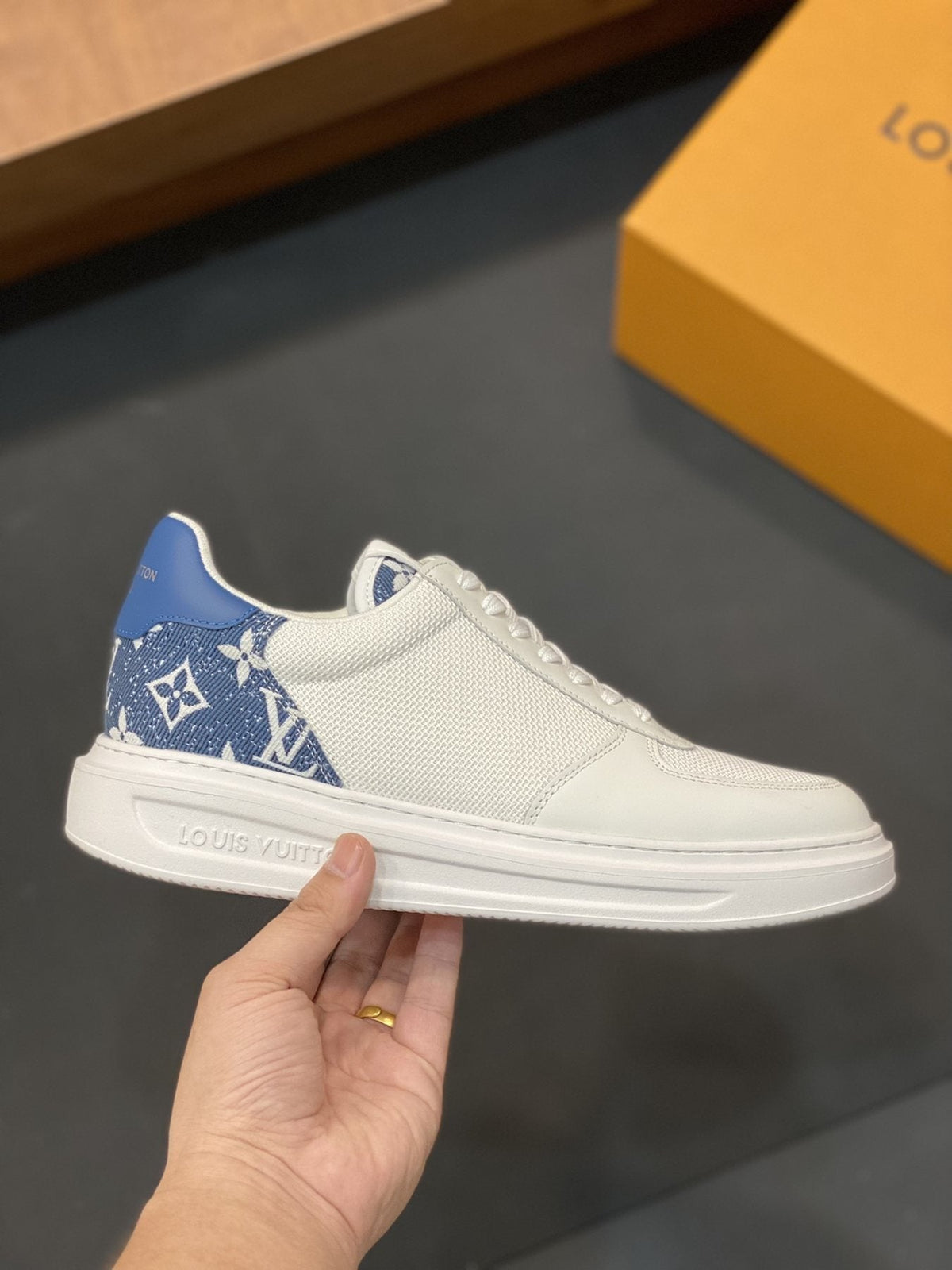 Louis Vuitton White and Blue Low-Top Sneakers