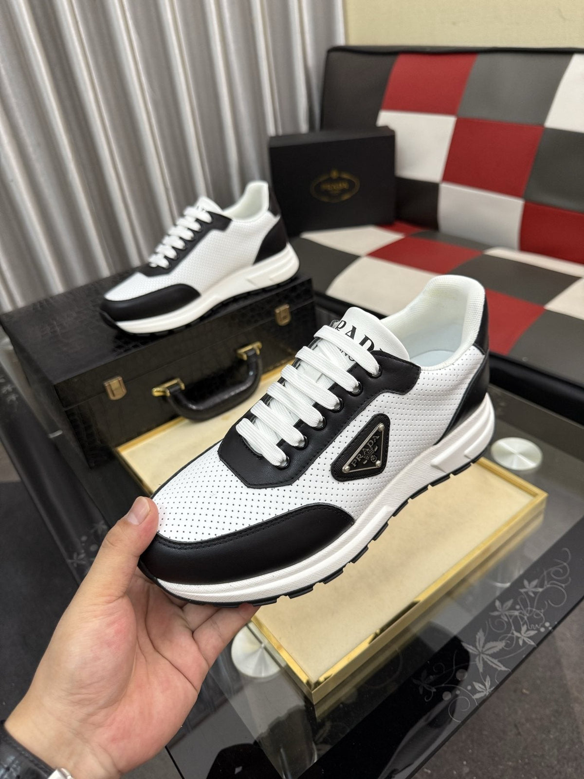 Prada Men's White and Black Low-Top Sneakers