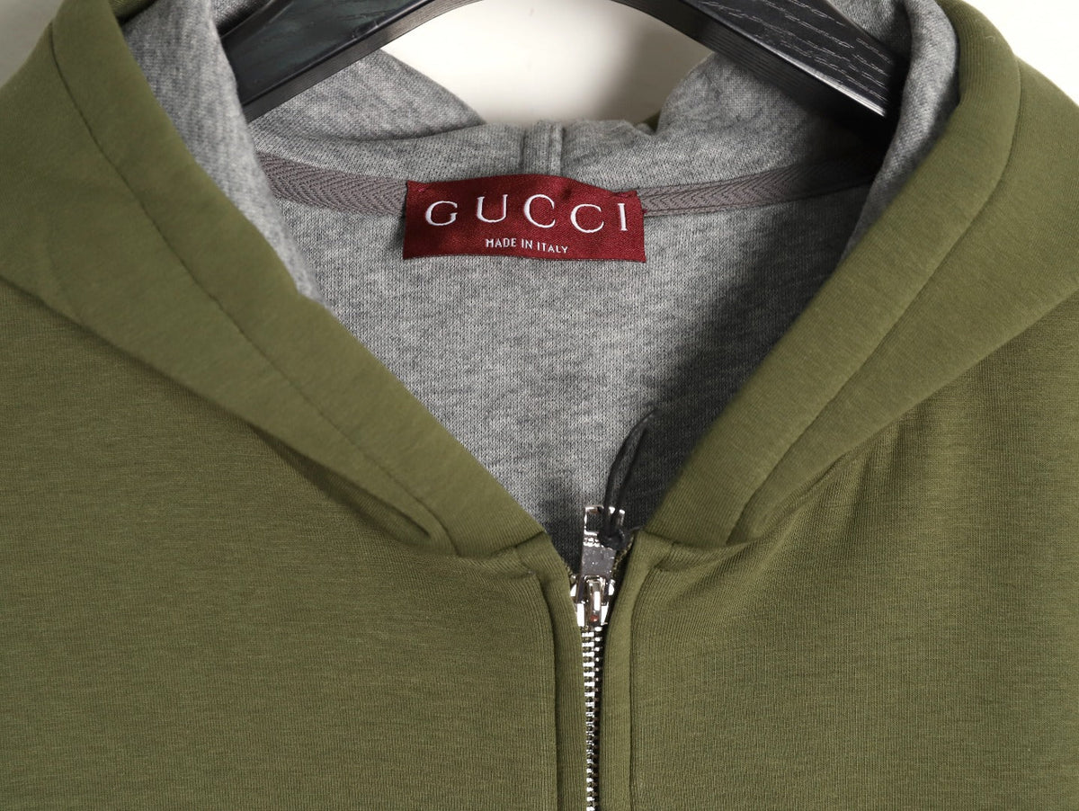 Gucci Small-Slogan Full-Zip Hoodie - Olive Green