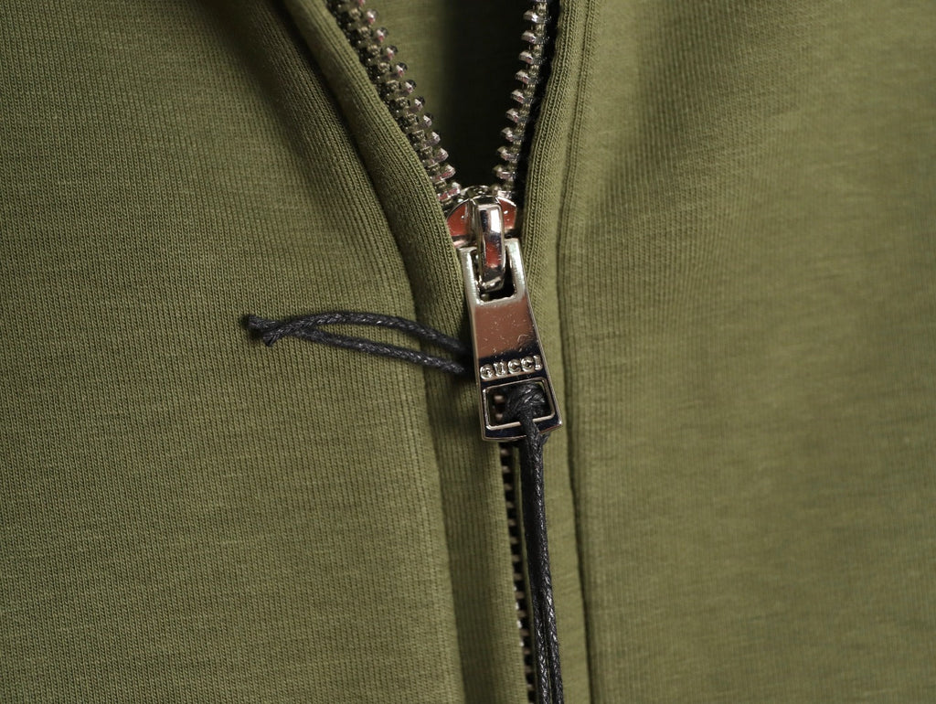 Gucci Small-Slogan Full-Zip Hoodie - Olive Green